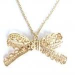 Gold Bow Necklace - Lace RibbonCharm - Gold - Tiffany